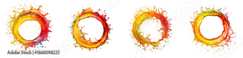 Four vibrant circular splashes of color ranging from red to yellow floating in isolation on transparent background