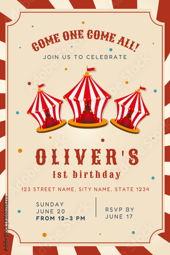 Classic circus carnival invite for a boy's 1st birthday. Features vintage red big top tents and a striped background. Perfect template for a fun and happy children's celebration event.
