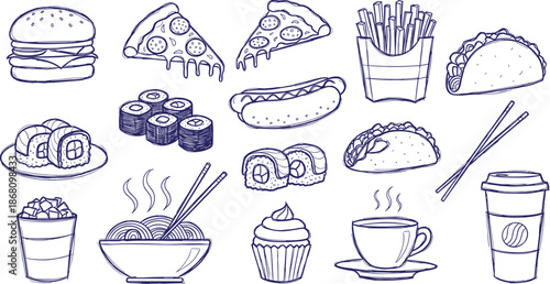 Hand drawn brush arrow direction icon set, Hand drawn fast food sushi dessert icon set.

