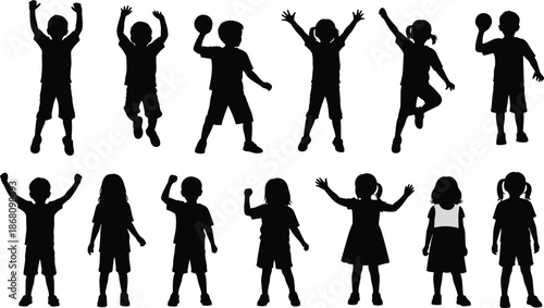 Children silhouette poses, playful actions, holding balls, raised arms, vector illustration, editable design, isolated figures, dynamic movement, icons
