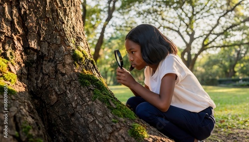 Curious young Asian girl examines moss and bark on a tree trunk with a magnifying glass in a sunny park fostering education exploration and love for nature and science.