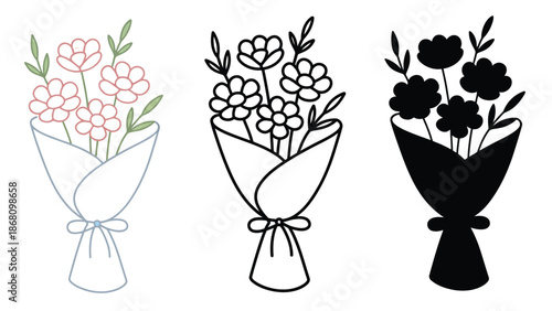 Three bouquets of flowers in different styles and colors