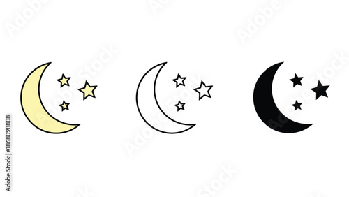 Crescent moon and stars in various colors and styles