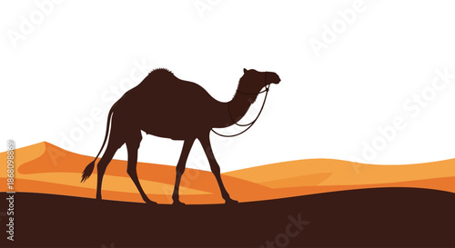 Silhouette of a Camel Walking Across Desert Dunes Under a Clear Sky Vector Illustration desert animal