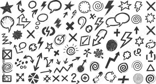 Hand drawn brush arrow direction icon set, Hand drawn fast food sushi dessert icon set.
