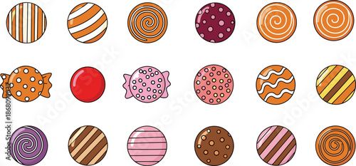 Colorful candy icons, circular sweets, swirl and stripe patterns, cartoon style, vector illustration, editable design, isolated, playful treats