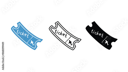 Three colorful ticket stubs with airplane icons