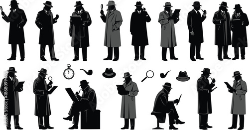 Detective silhouettes, trench coat poses, magnifying glass, mystery icons, investigation theme, vector illustration, editable design, isolated, classic style
