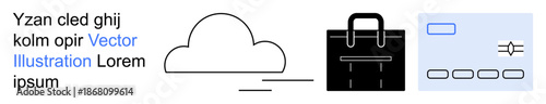 Cloud storage, data security, business solutions, digital interfaces, tech icons, cybersecurity. Minimalistic cloud, structured briefcase and layout design elements. Concepts of cloud storage