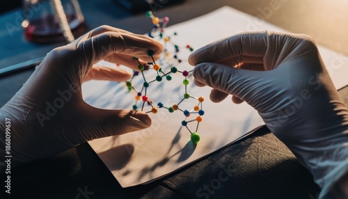 Scientist Hands in Protective Gloves Examining Molecular Structure Model During a Research Experiment in a Laboratory