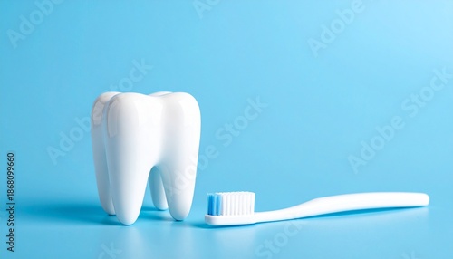 Dental Health Concept - A White Tooth and Toothbrush on a Blue Background.