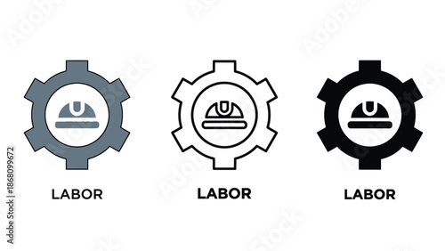 Labor icons set with gear and hard hat symbols
