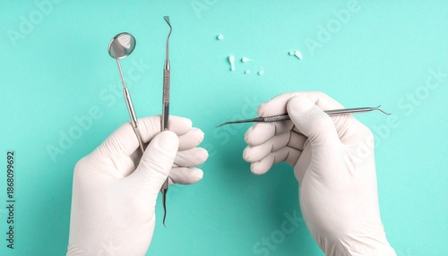 Dental Instruments Held by Gloved Hands on a Teal Background.
