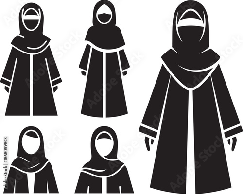 Diverse Muslim women wearing traditional hijab and abaya clothing