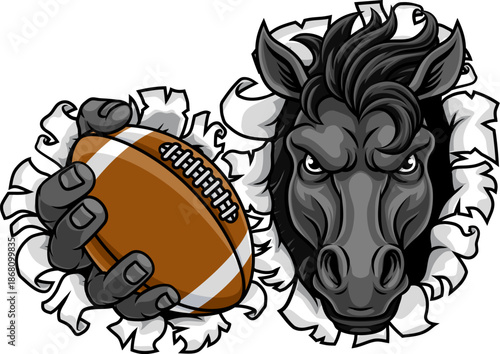 Horse mustang bronco stallion American football angry sports team mascot holding a ball.