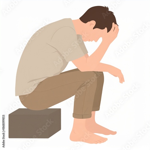 Depressed man sitting on a block, head in hands, feeling overwhelmed and sad.