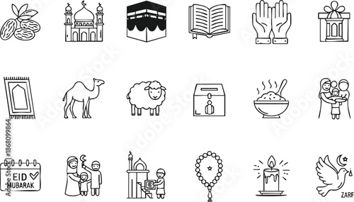 Eid Mubarak icons for Muslim holiday celebrations