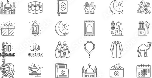 Eid Mubarak celebration icons and symbols in black and white