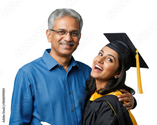 a proud father standing beside his daughter in graduation cap and gown as she holds her diploma against a plain grey background.