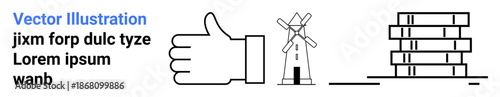 Education, approval, rural life, sustainability, libraries, reading. Minimalist black outline drawing of a thumbs-up, windmill and books. s education and approval concepts