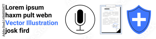 Communication, data security, healthcare, legal documentation, protection, technology. Microphone, signed document shield with medical cross. Communication and data security conceptual graphic