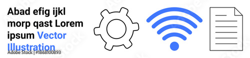 Technology, connectivity, communication, digital tools, networking, and data management. A gear, wireless signal icon and document illustration. Technology and connectivity in modern tools concept