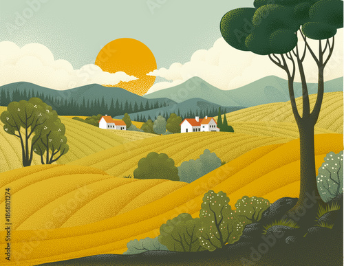 Fields rolling hills and mo...