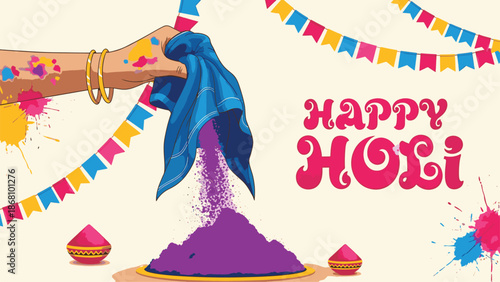 Vibrant happy holi celebration with colorful powder and decorations