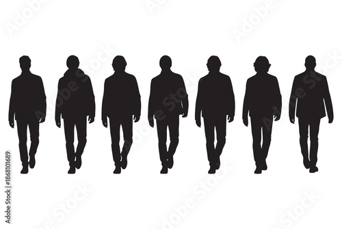 This high-contrast, graphic illustration displays a horizontal row of seven black silhouettes of men walking forward. Each figure is depicted in a different stage of a walking stride, wearing a jacket