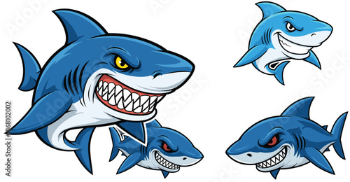 Angry Cartoon Shark Vector Set with Aggressive Expressions Blue Marine Predator Fish Illustration Collection