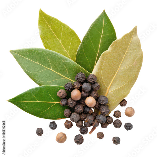 Fresh green and dried bay leaves with black peppercorns arranged artistically for culinary and decorative purposes. Isolated on transparent background