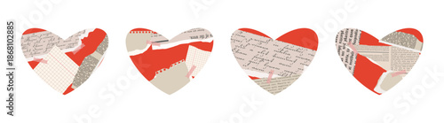 Collage valentine heart set with newspaper, ripped cutout. Valentine's day grunge elements, paper rip torn for scrapbook, wedding, stickers, love posters. Hand drawn vintage isolated vector illustrati