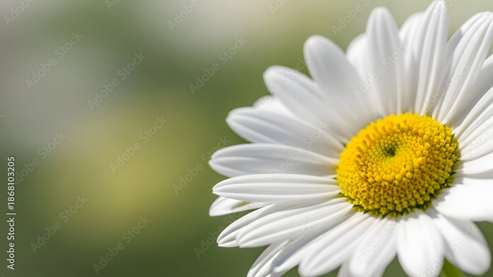Fototapeta premium Close-up of a White Daisy Flower with Yellow Center, Soft Green Bokeh Background, Spring Blossom