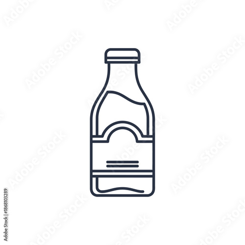 Minimalist outline of a glass bottle with label, isolated on white background. Vector illustration.