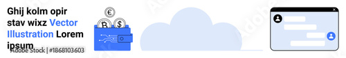 Finance, cloud storage, communication, online transactions, digital economy, technology. Blue wallet with coins and online chat interface linked to cloud storage. Finance and cloud storage concept