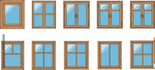 Wooden window design set with blue glass panes, architectural style variety, home installation options, interior and exterior inspiration
