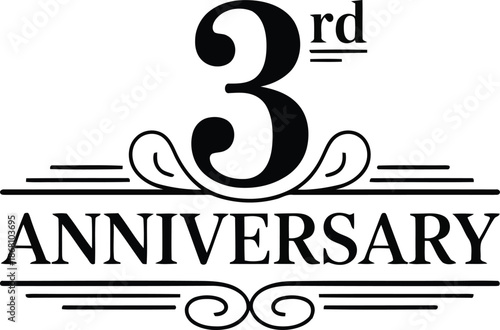 A bold black and white elegant logo proudly announces a third anniversary celebration event