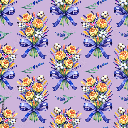 Obraz na plátně Seamless watercolor pattern featuring vibrant floral bouquets
