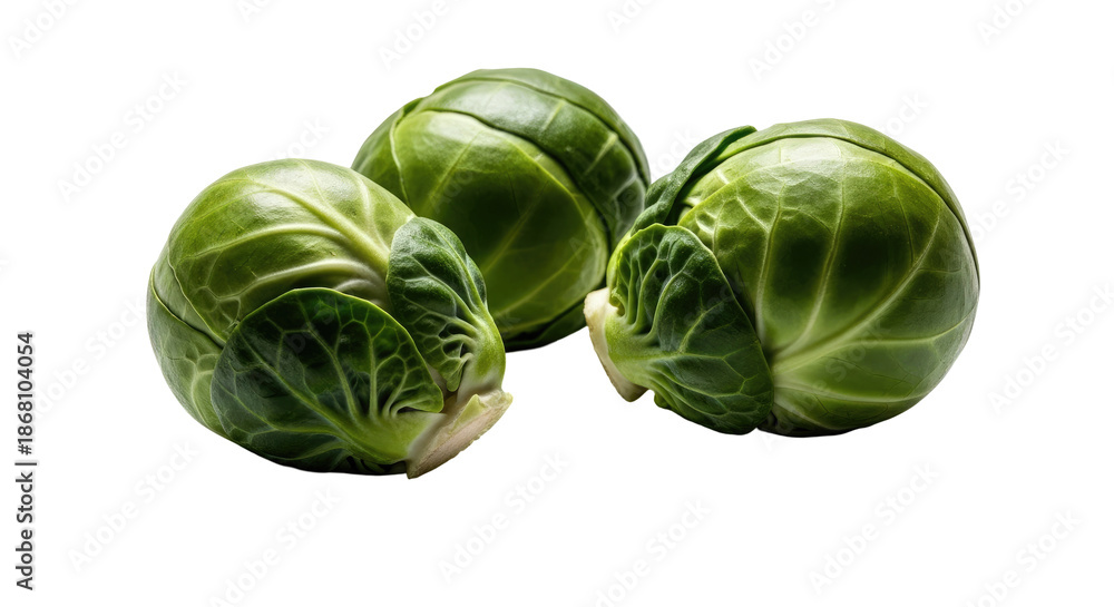 Fototapeta premium Three Fresh Green Brussel Sprouts Isolated on Transparent Background Showing Detailed Texture and Natural Colors