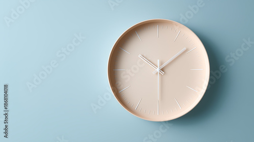 A minimalist cream-colored clock on a light blue background ample negative space