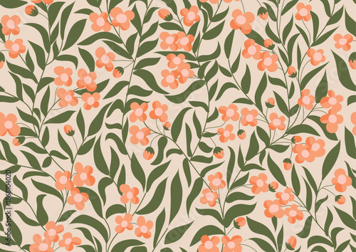 Simple hand drawn forest of mockorange flowers, buds and leaves as a maximalist floral pattern in colors of orange, cream and green on beige. Botanical garden seamless vector pattern. Home decor, etc