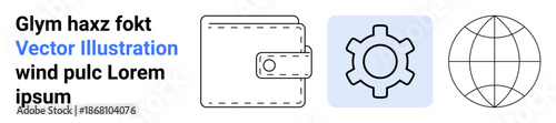 Wallet, gear, and globe icons symbolize financial management, technology systems, and global networks. Ideal for fintech, banking, innovation, globalization e-commerce development and simple