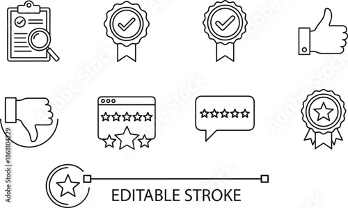 Quality assurance and feedback icon set, rating symbols, black and white vector design, minimal style, customer review illustration