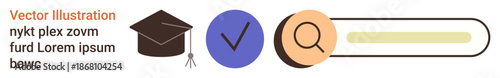 Education, e-learning, academic success, search engines, internet learning, knowledge validation. Graduation cap, checkmark and search bar icons. Education and e-learning symbols for digital
