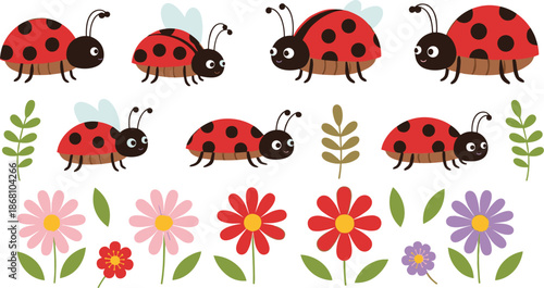 Cute Cartoon Ladybug and Flower Vector Set with Spring Garden Elements Kids Illustration Collection