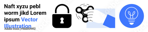 Education, innovation, security, ideas, technology, creativity. Image features a hand holding a spinner, a padlock icon and a light bulb graphic. Innovation and security concept