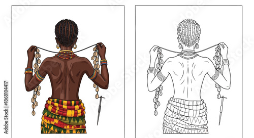 African Woman in Traditional Attire With Shell Beads and Tribal Jewelry Back View Portrait Design