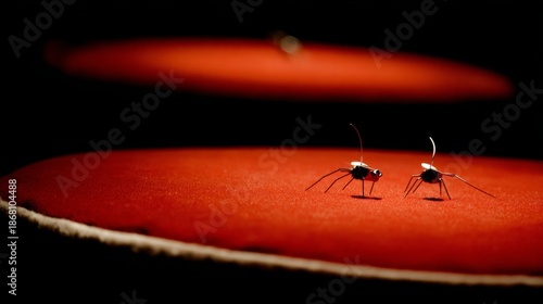Two Small Insects on a Red Surface in Low Light Environment
