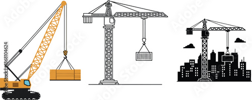 An illustration of three different types of cranes used in construction and industry