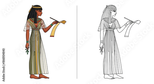 Ancient Egyptian Female Scribe With Papyrus Scroll Coloring Page for Educational Activity Design